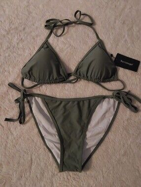 🌺 NWT Suvimuga Classic Olive Green Triangle Tie Bikini Set